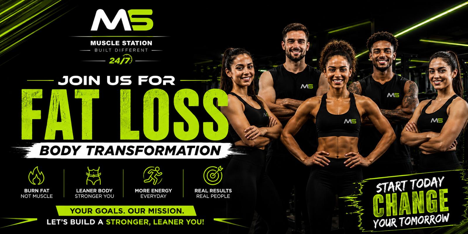 Join now for Muscle Gain — build more than muscle, build your best self. Build lean muscle, get stronger every day, consistency creates results, discipline builds greatness. Muscle Station — Built Different.
